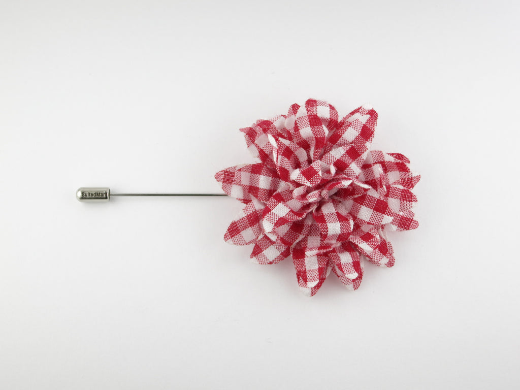 Lapel Flower, Seersucker Gingham, Red/White - SuitedMan