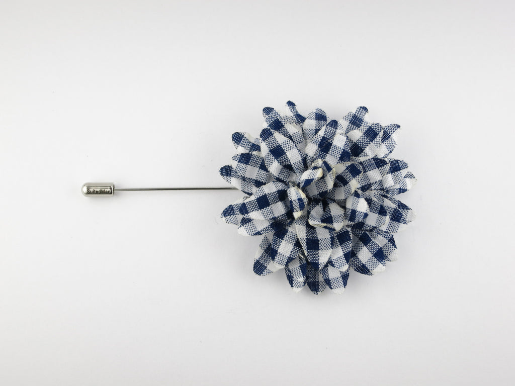 Lapel Flower, Seersucker Gingham, Blue/White - SuitedMan