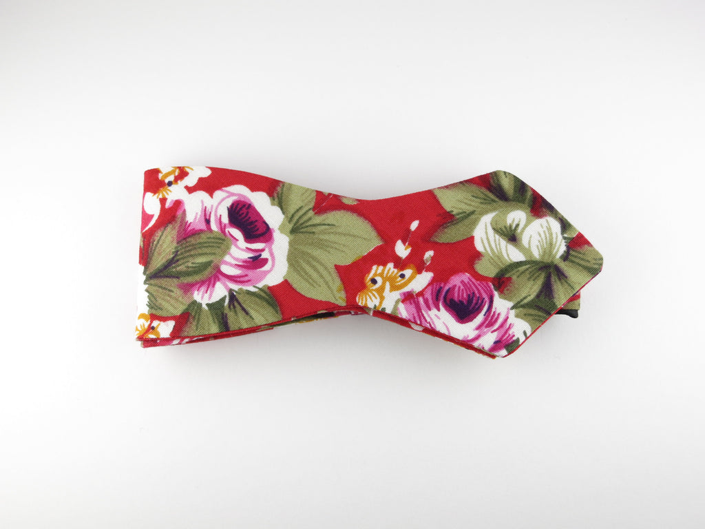Floral Bow Tie, Red Floral, Pointed End - SuitedMan