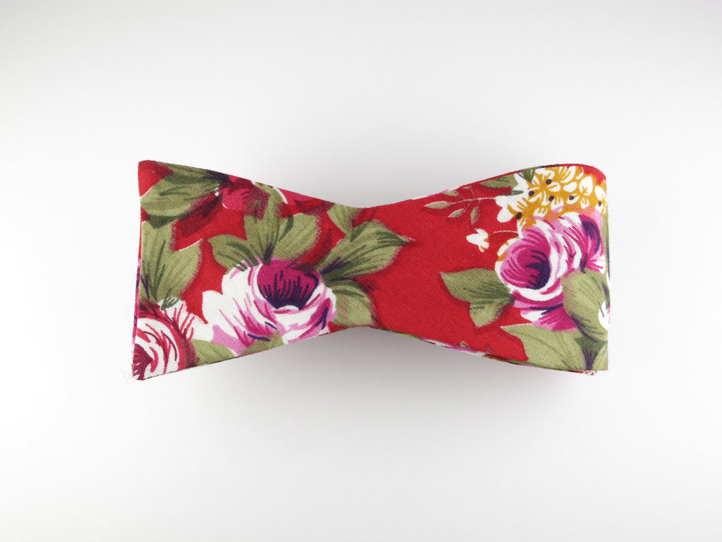 Floral Bow Tie, Red Floral, Flat End - SuitedMan