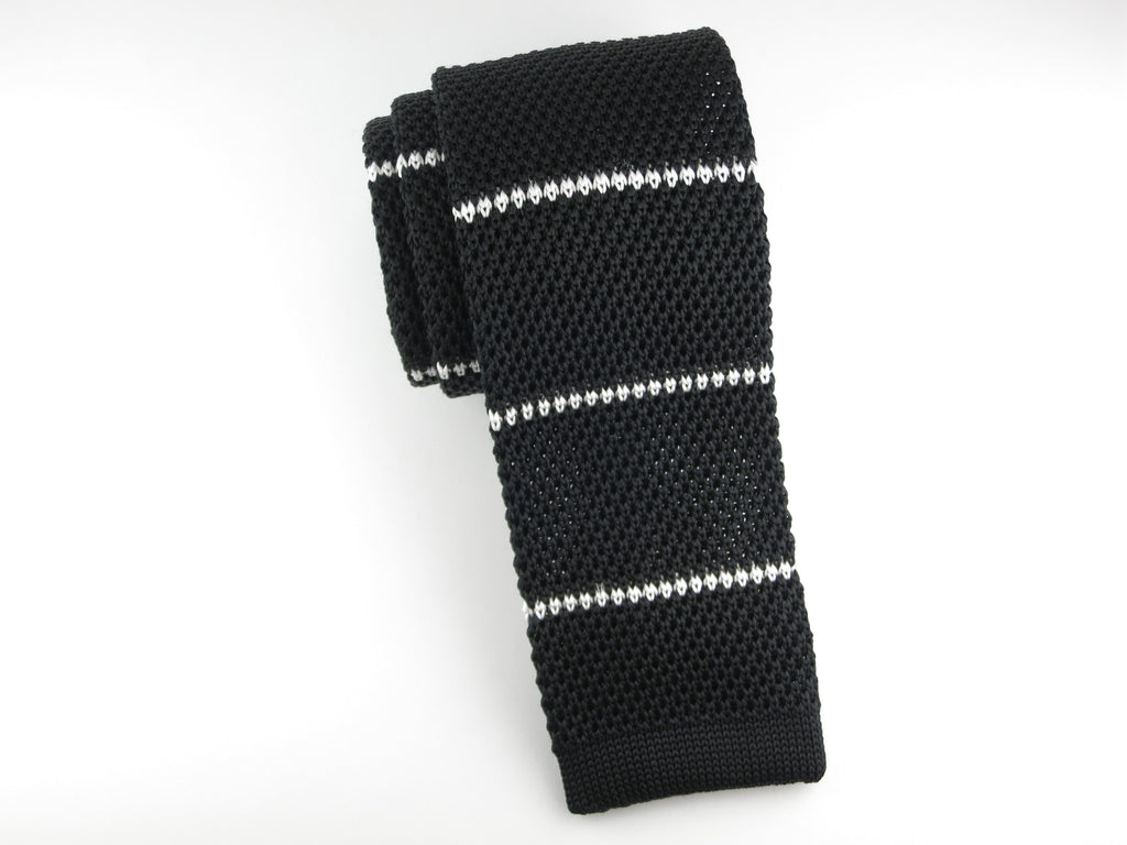 Knit Tie, Stripes, Black/White, Silk - SuitedMan