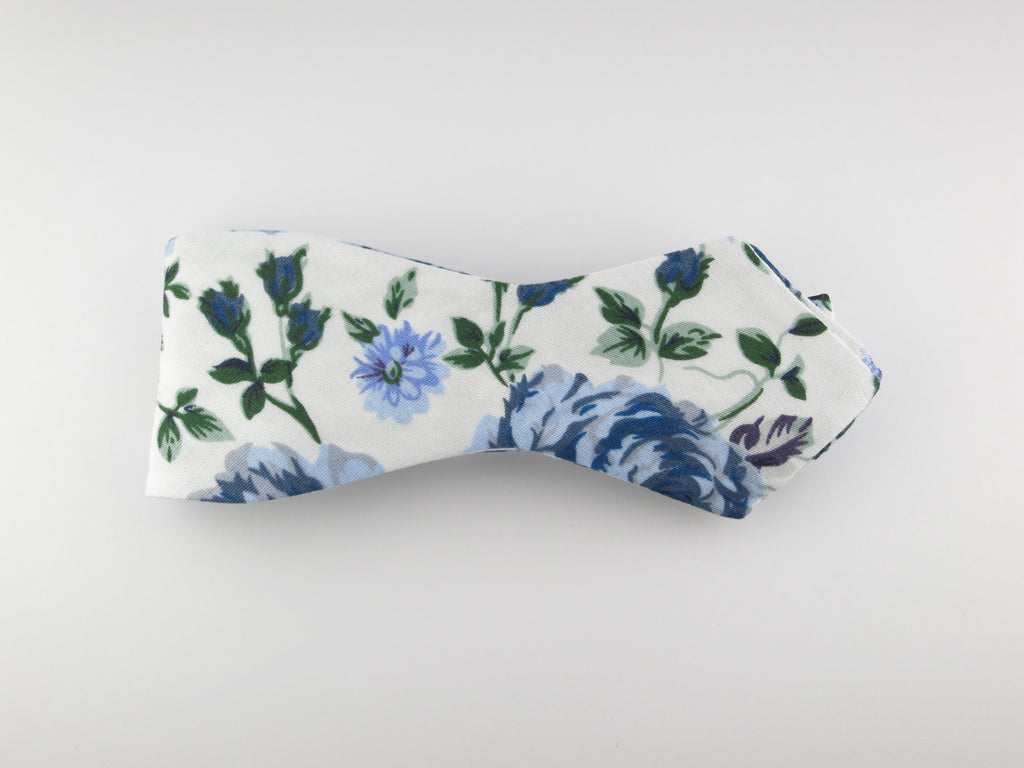 Floral Bow Tie, Vintage Blue, Pointed End - SuitedMan
