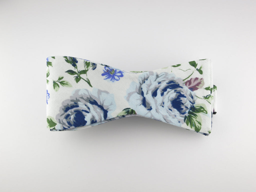 Floral Bow Tie, Vintage Blue, Flat End - SuitedMan