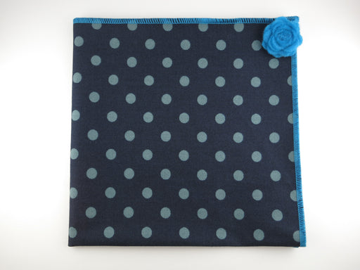Pocket Square, Navy/Blue Dots with Rosette Pin Combo - SuitedMan