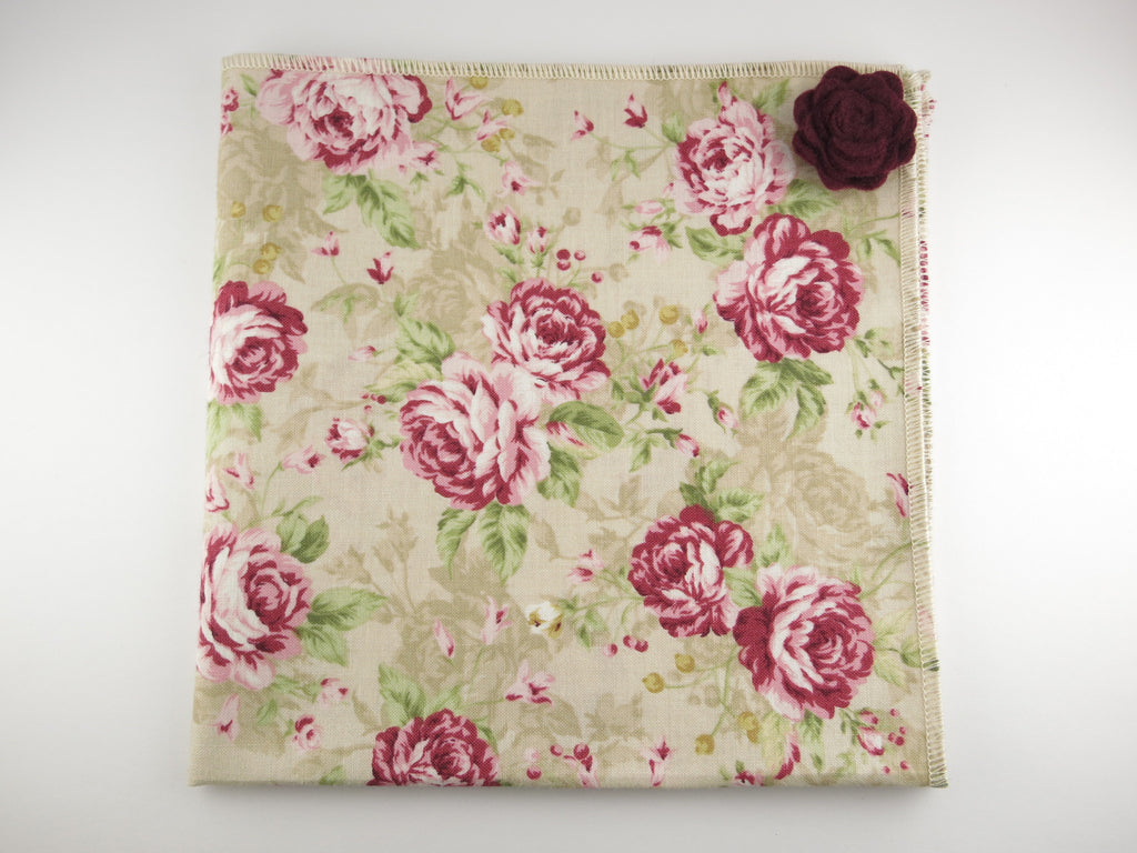 Pocket Square, Vintage Rose with Rosette Pin Combo - SuitedMan