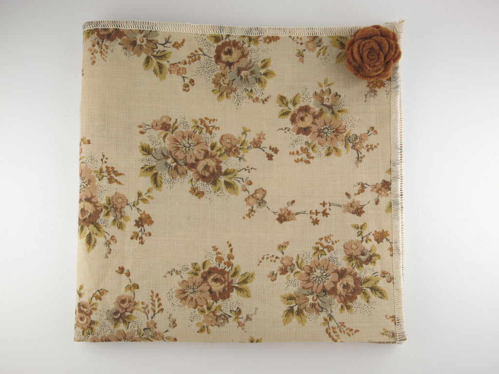 Pocket Square, Vintage Brown Floral with Rosette Pin Combo - SuitedMan