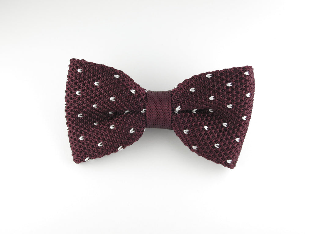 Knit Bow Tie, Dots, Burgundy/White, Flat End - SuitedMan