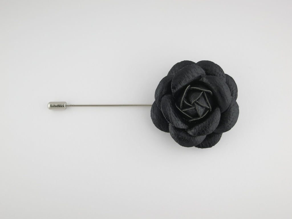 Lapel Flower, Leather Camellia, Black - SuitedMan
