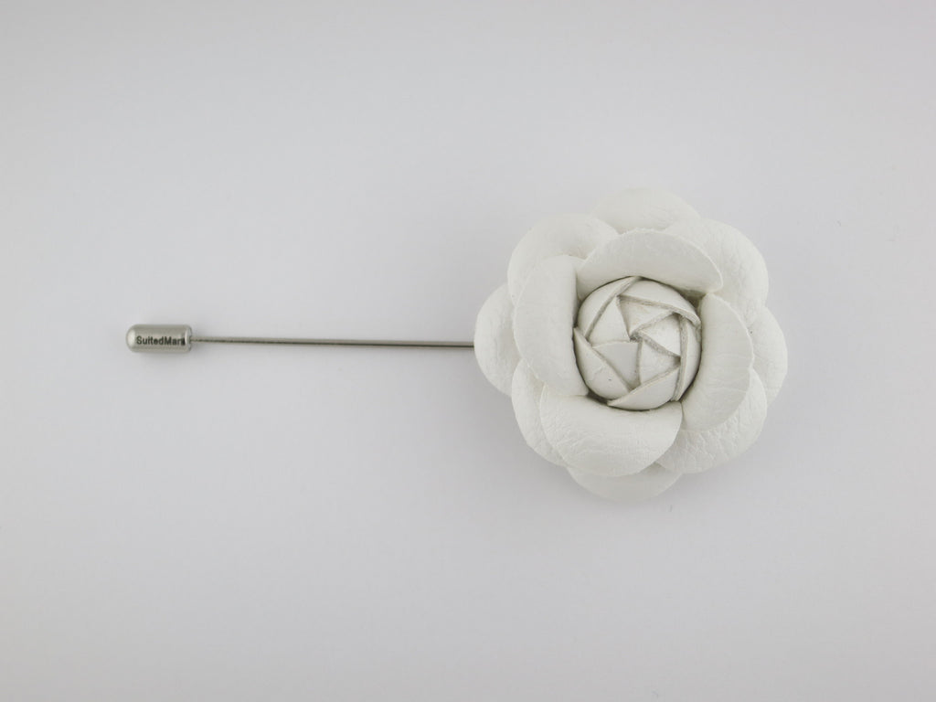 Lapel Flower, Leather Camellia, White - SuitedMan