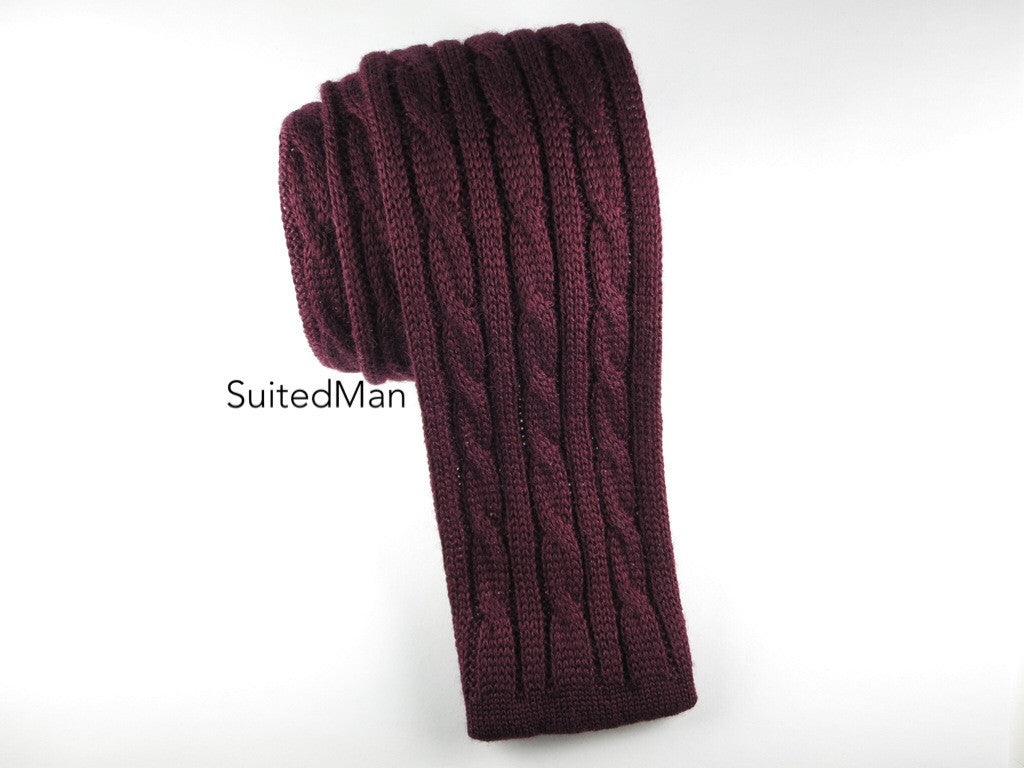 Knit Tie, 3 Cord Cable Knit, Burgundy - SuitedMan