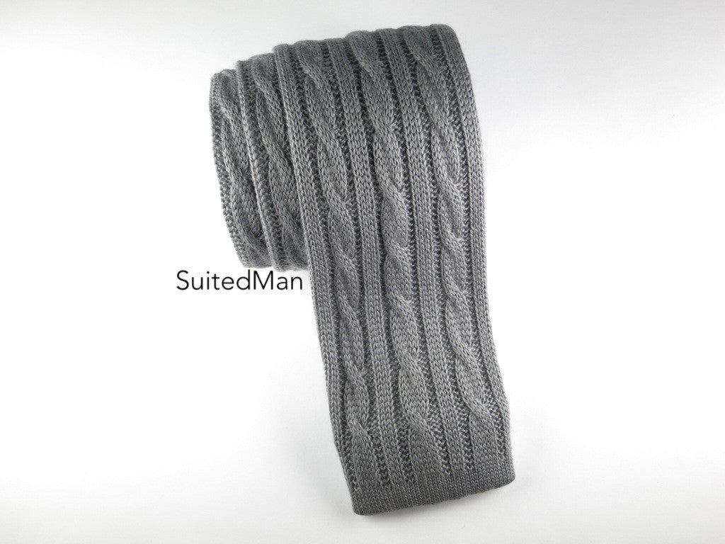 Knit Tie, 3 Cord Cable Knit, Gray - SuitedMan