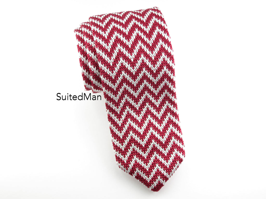 Knit Tie, Chevron, Red - SuitedMan