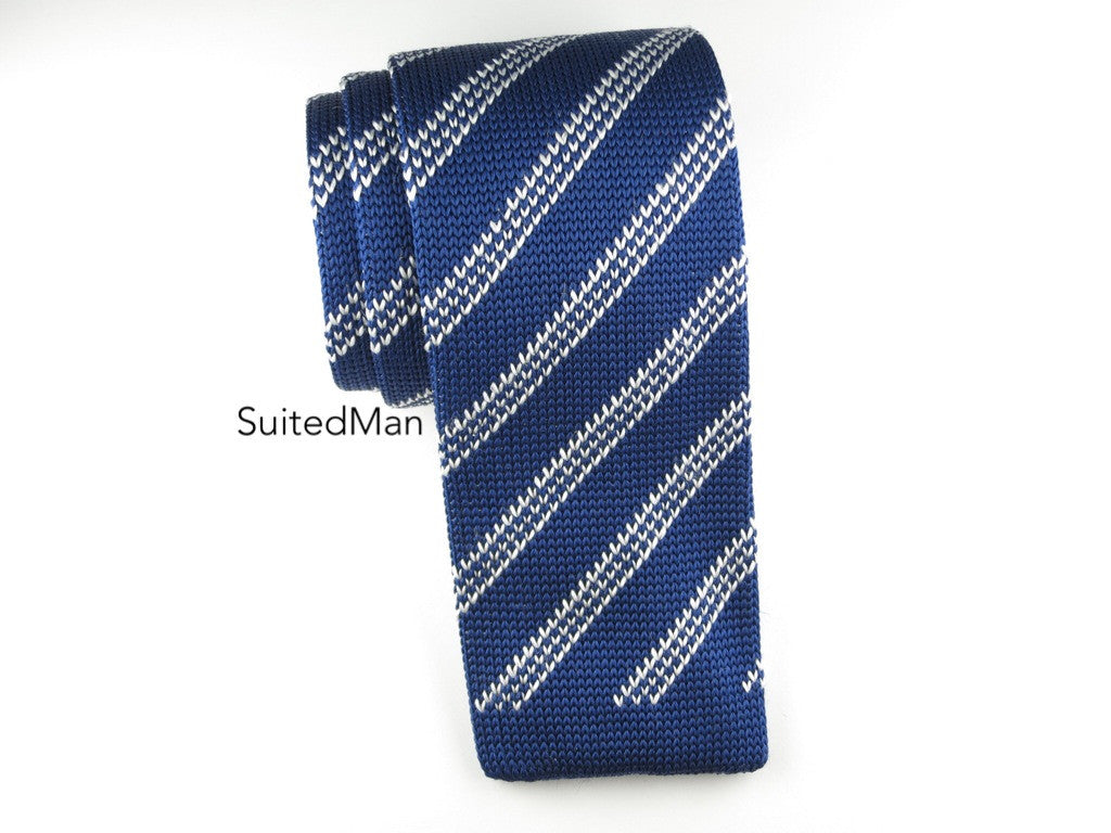 Knit Tie, Navy/White Diagonal Stripes - SuitedMan
