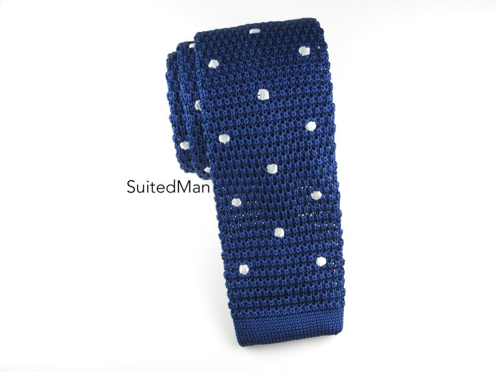 Knit Tie, Polka Dots, Navy/White, Silk - SuitedMan