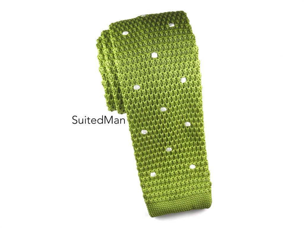 Knit Tie, Polka Dots, Spring Green/White - SuitedMan