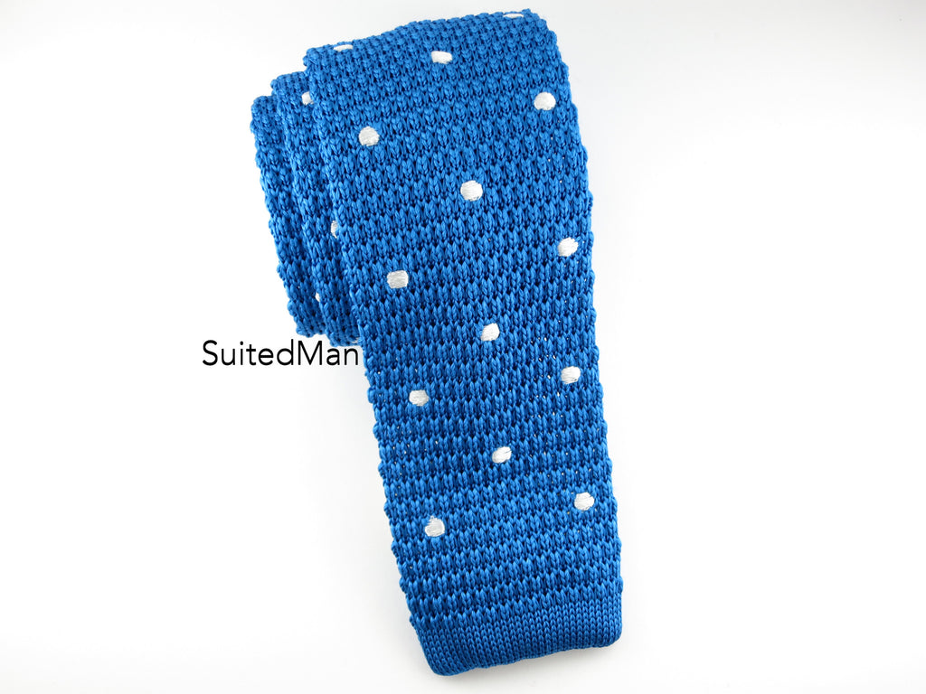 Knit Tie, Polka Dots, Blue/White, Silk - SuitedMan