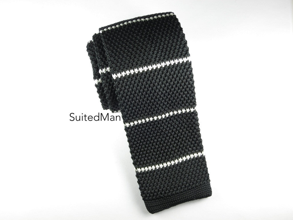 Knit Tie, Stripes, Black/White - SuitedMan