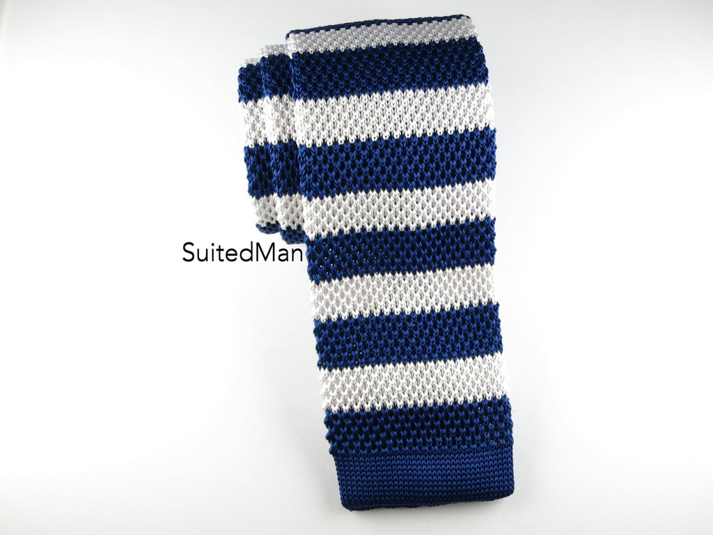 Knit Tie, Stripes, Blue/White - SuitedMan