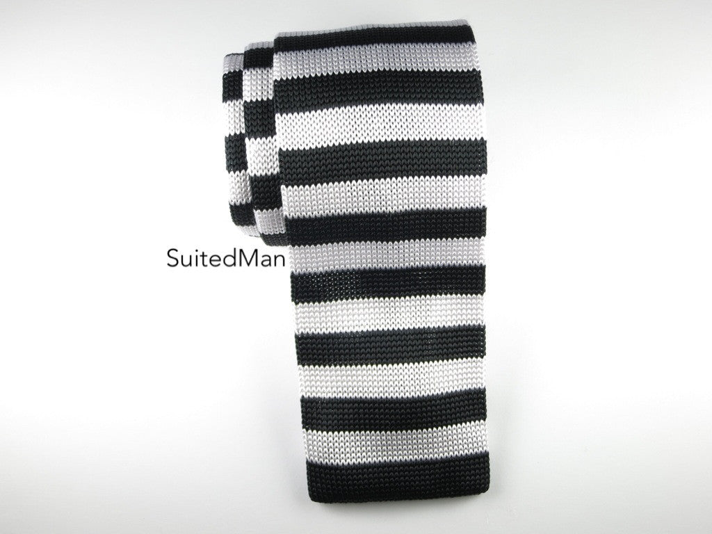 Knit Tie, Black/White Thin Stripes - SuitedMan