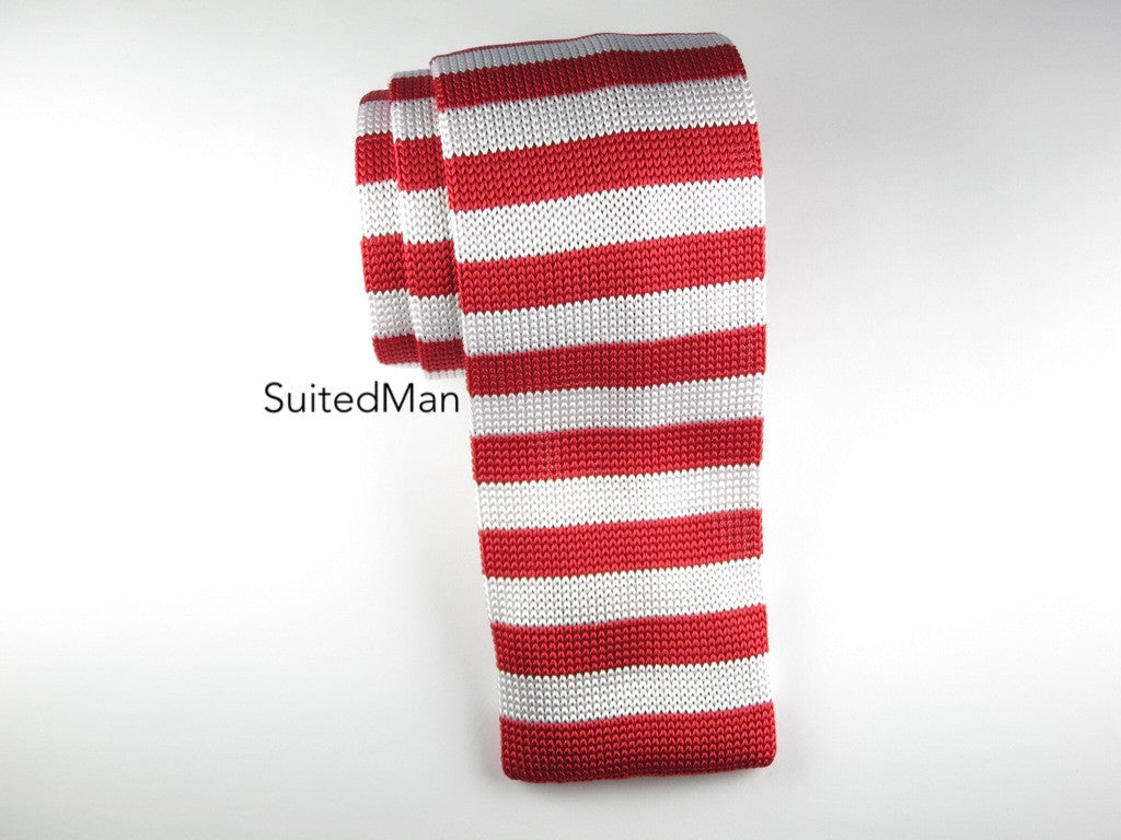 Knit Tie, Red/White Thin Stripes - SuitedMan