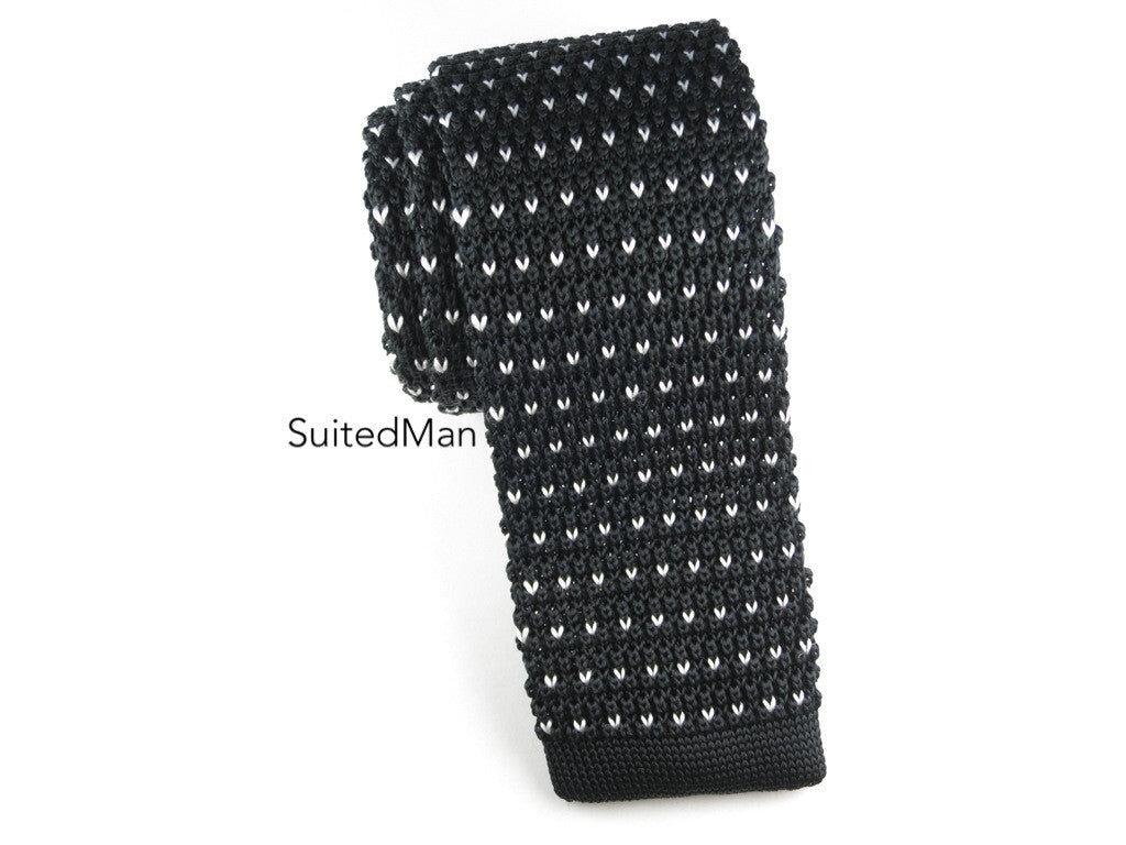 Knit Tie, Dots, Black/White - SuitedMan