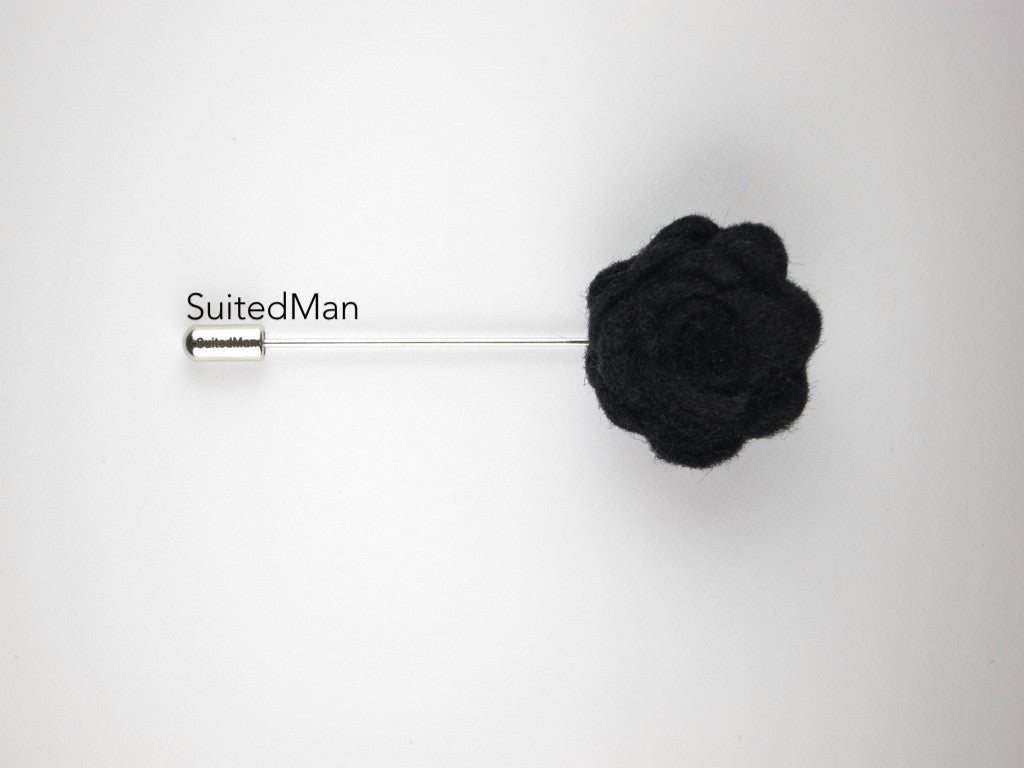 Pin Lapel Flower, Felt, Rosette, Black - SuitedMan