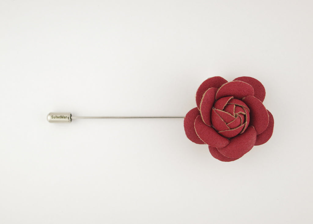 Lapel Flower, Petite Leather Camellia, Red - SuitedMan