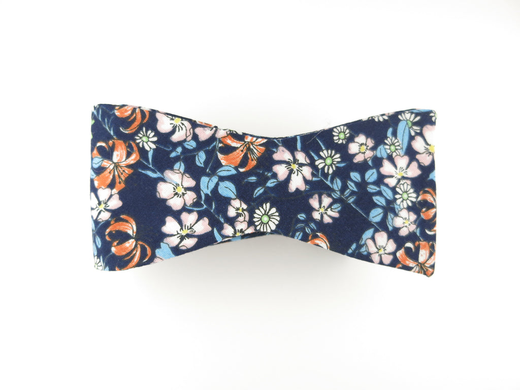 Floral Bow Tie, Navy/Autumn Floral, Flat End - SuitedMan