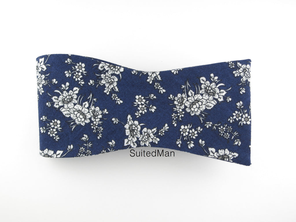 Floral Bow Tie, Navy/Gray Floral, Flat End - SuitedMan