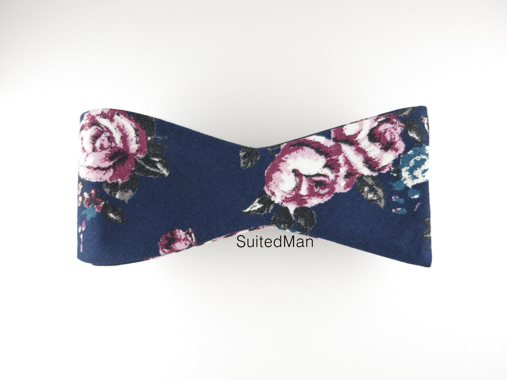 Floral Bow Tie, Navy Lavender Rose, Flat End - SuitedMan