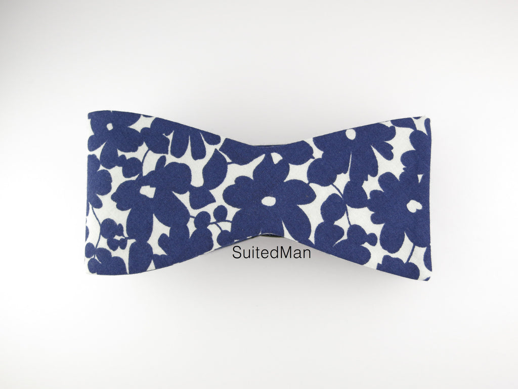 Floral Bow Tie, Navy Petals, Flat End - SuitedMan