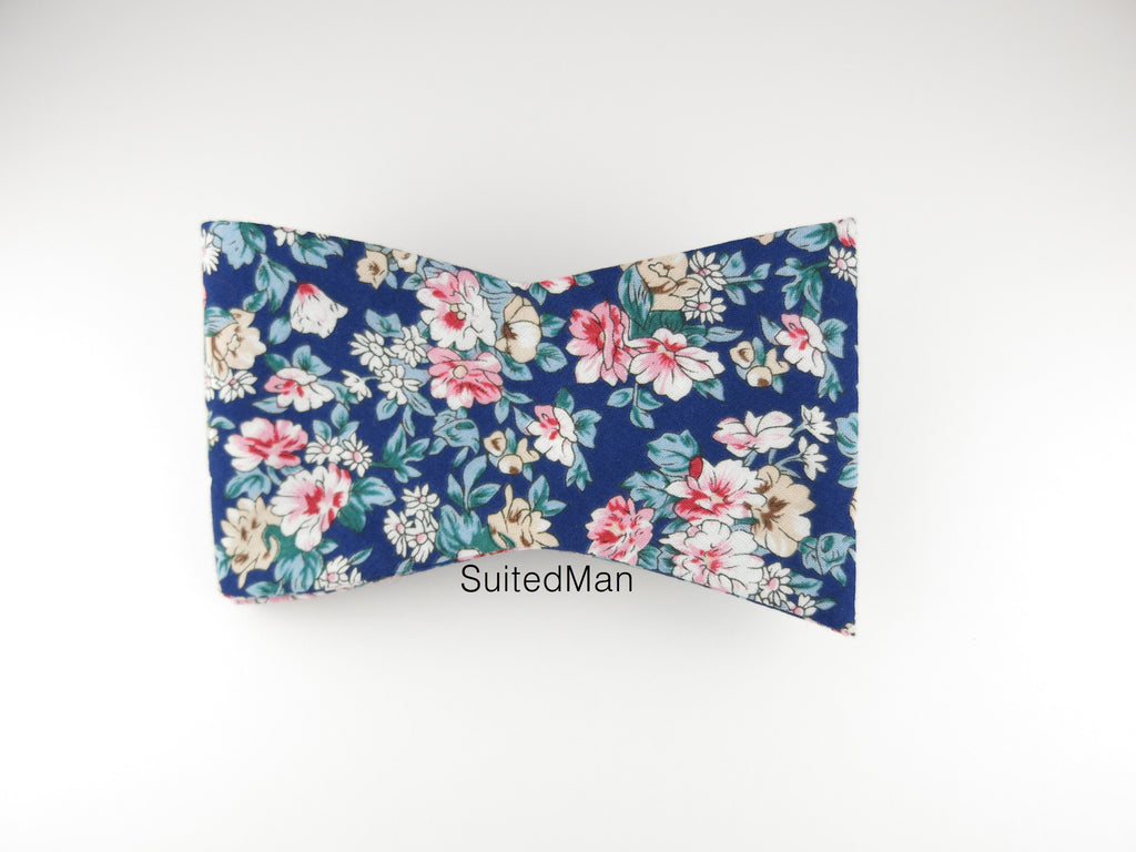 Floral Bow Tie, Navy/Pink Petite Rose, Flat End - SuitedMan