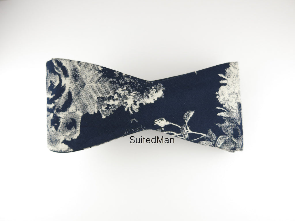 Floral Bow Tie, Navy Watercolor, Flat End - SuitedMan