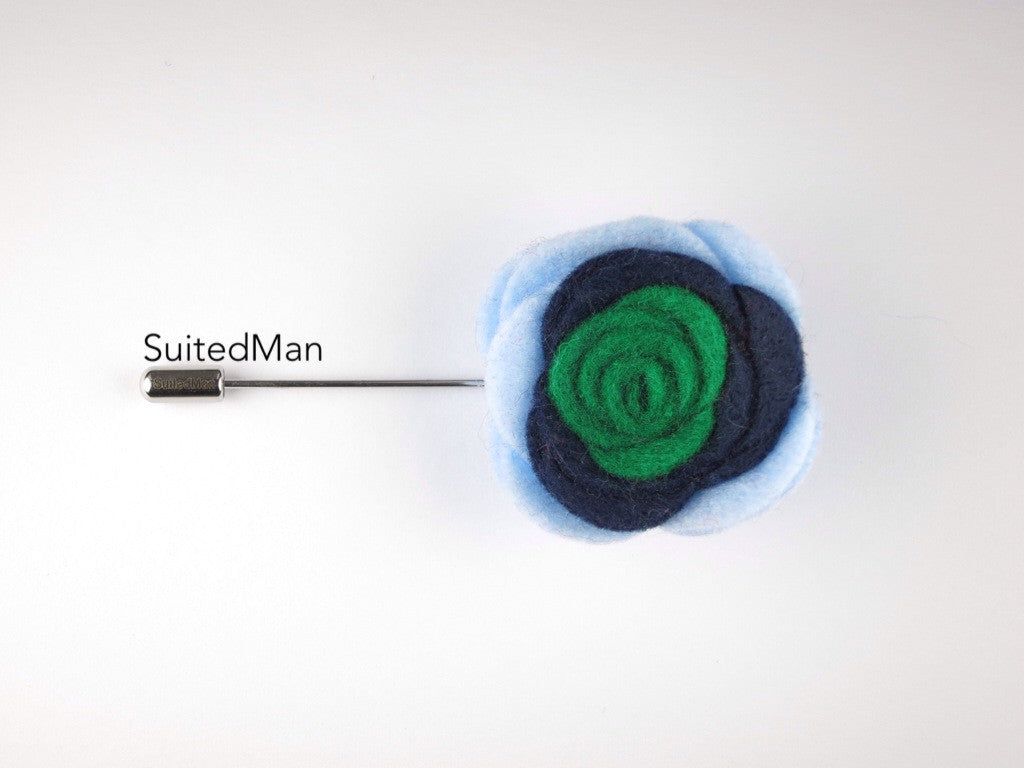 Pin Lapel Flower, Felt, Colorblock, Baby Blue/Midnight Blue/Emerald Green - SuitedMan