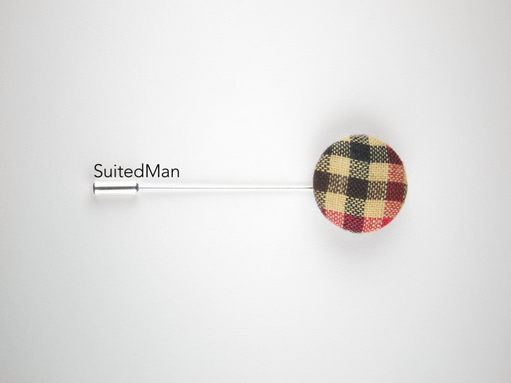 Pin Lapel Fabric Button, Gingham, Black/Red/Tan - SuitedMan