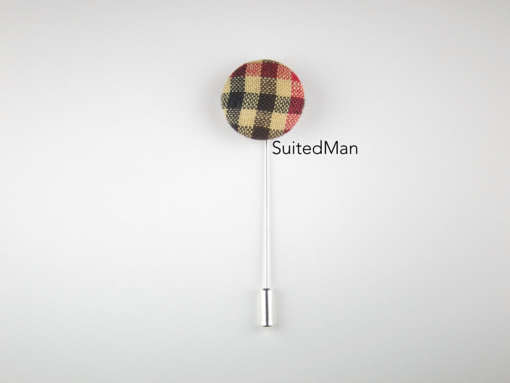 Pin Lapel Fabric Button, Gingham, Black/Red/Tan - SuitedMan
