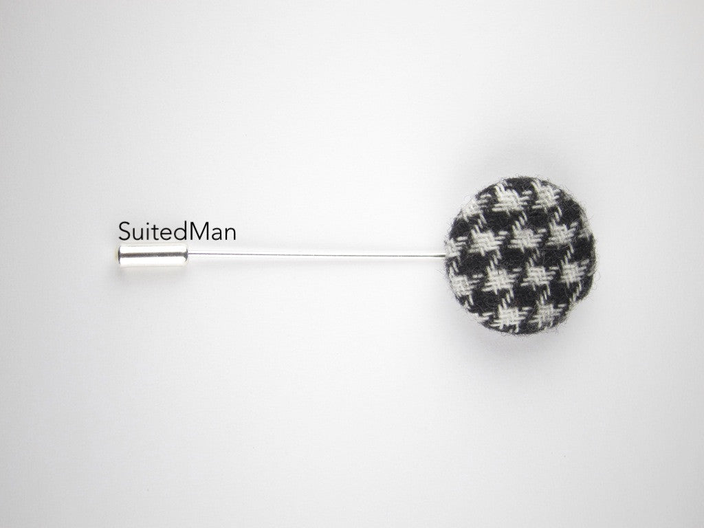 Pin Lapel Fabric Button, Houndstooth, Black/White - SuitedMan