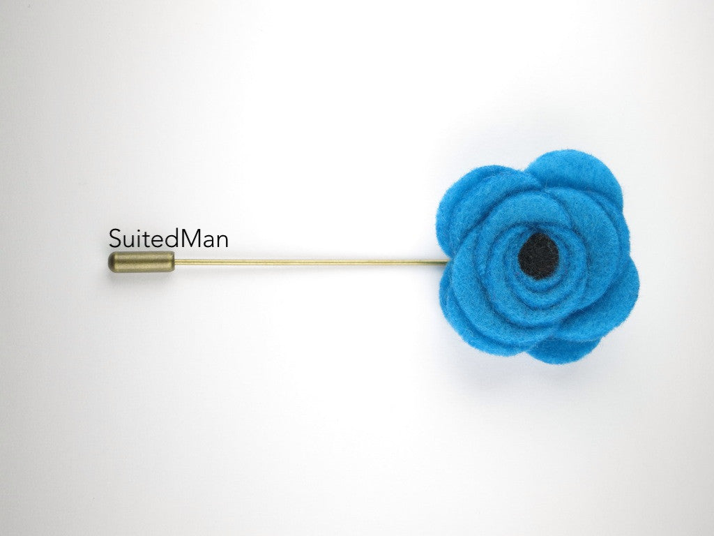 Pin Lapel Flower, Felt, Aqua Blue/Black Poppy - SuitedMan