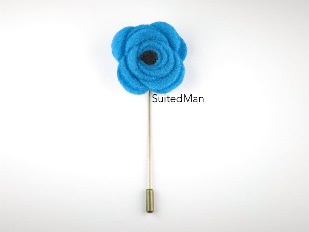 Pin Lapel Flower, Felt, Aqua Blue/Black Poppy - SuitedMan