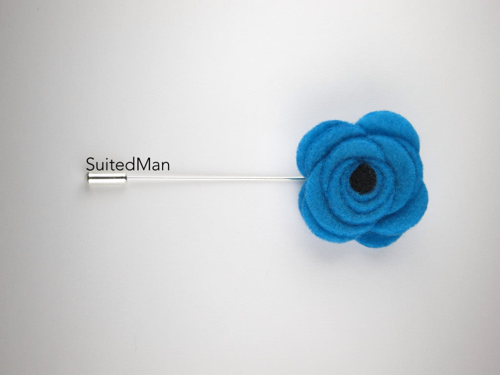 Pin Lapel Flower, Felt, Aqua Blue/Black Poppy - SuitedMan