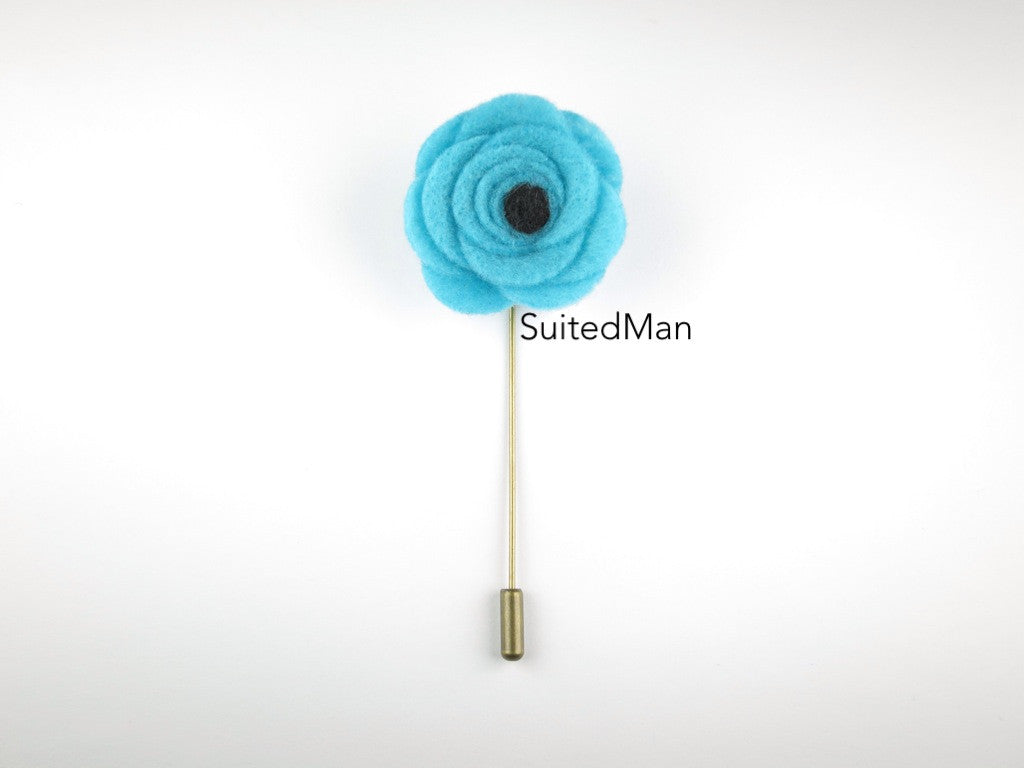Pin Lapel Flower, Felt, Ice Blue/Black Poppy - SuitedMan