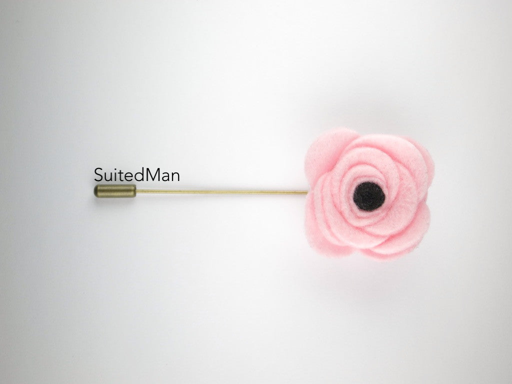 Pin Lapel Flower, Felt, Light Pink/Black Poppy - SuitedMan