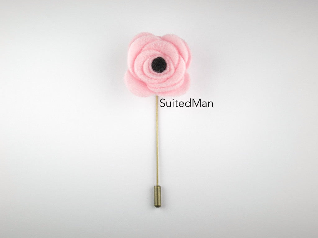 Pin Lapel Flower, Felt, Light Pink/Black Poppy - SuitedMan