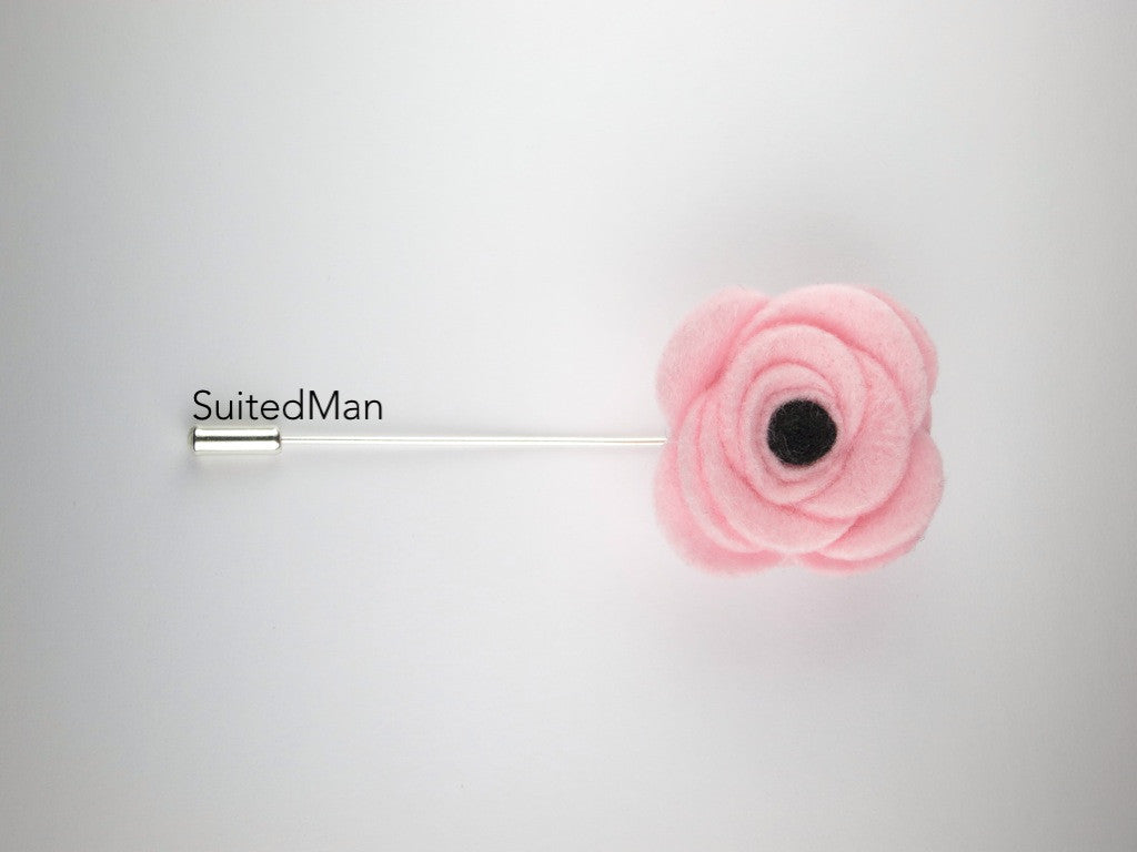 Pin Lapel Flower, Felt, Light Pink/Black Poppy - SuitedMan