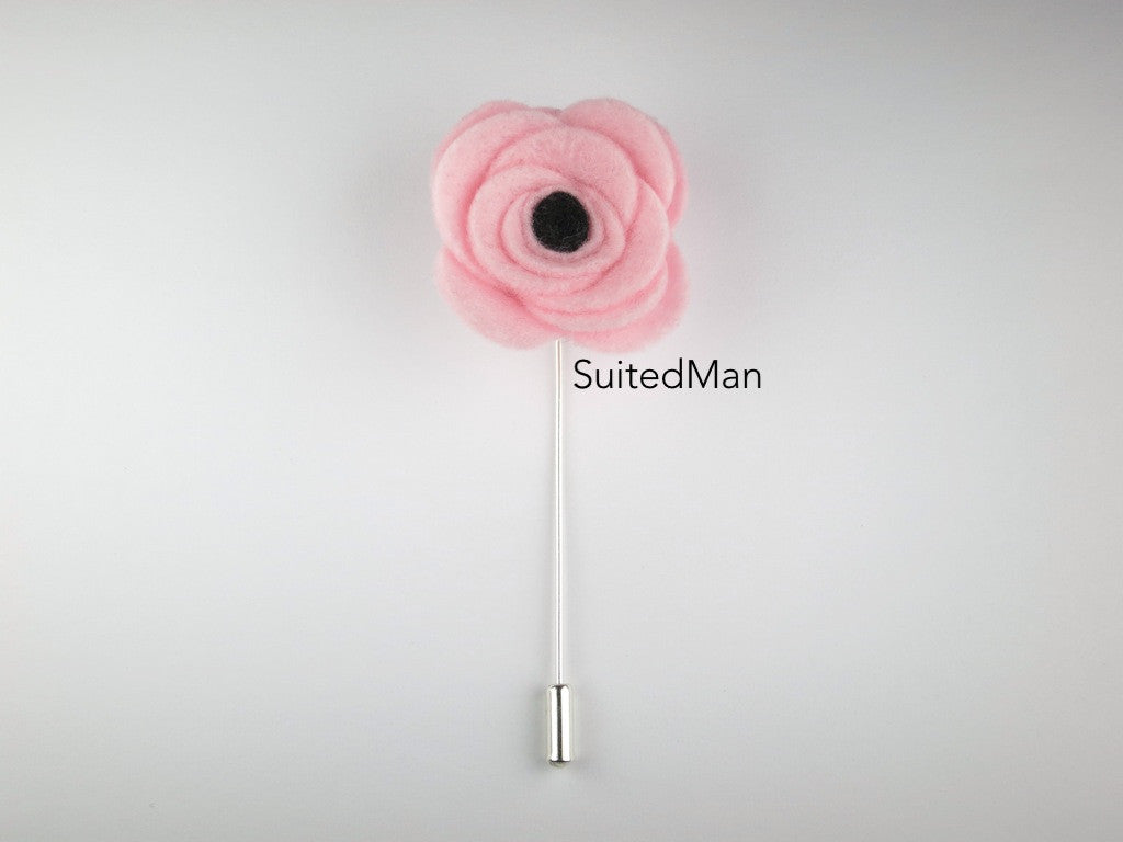 Pin Lapel Flower, Felt, Light Pink/Black Poppy - SuitedMan