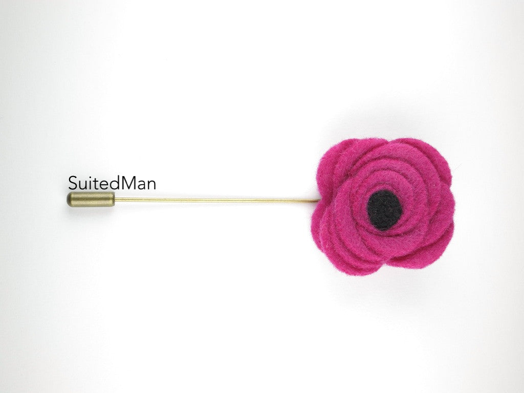 Pin Lapel Flower, Felt, Magenta/Black Poppy - SuitedMan