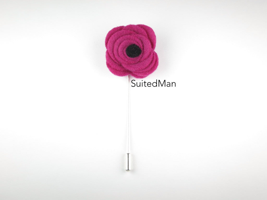 Pin Lapel Flower, Felt, Magenta/Black Poppy - SuitedMan