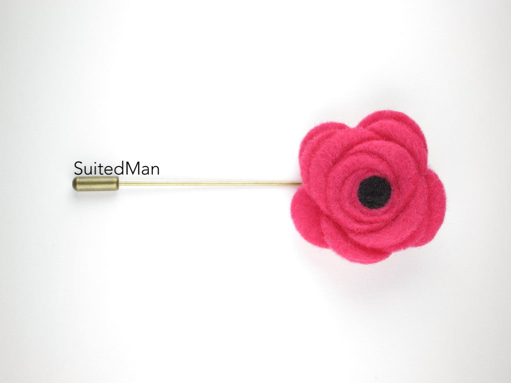 Pin Lapel Flower, Felt, Neon Pink/Black Poppy - SuitedMan