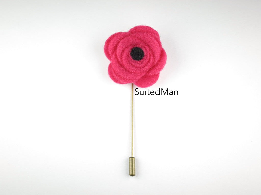 Pin Lapel Flower, Felt, Neon Pink/Black Poppy - SuitedMan