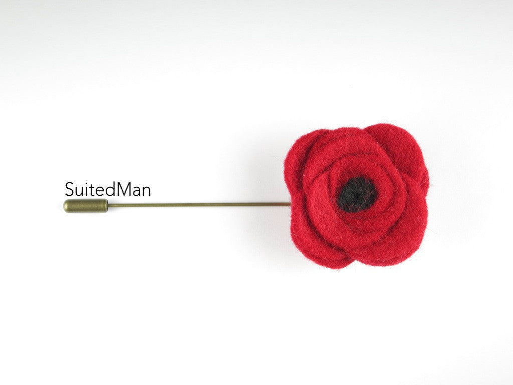 Pin Lapel Flower, Felt, Red/Black Poppy - SuitedMan